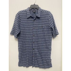 Patagonia Mens Blue Plaid Organic Cotton Button Up Short Sleeve Shirt Size L